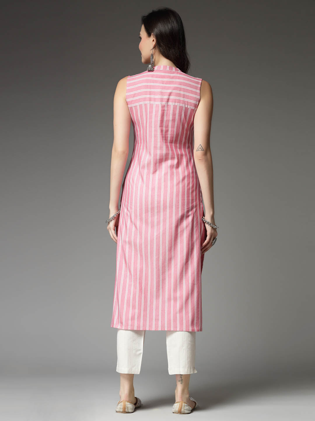 Stylum Women's Woven Striped Cotton Blend Straight Kurta (XSHERRYPINK)