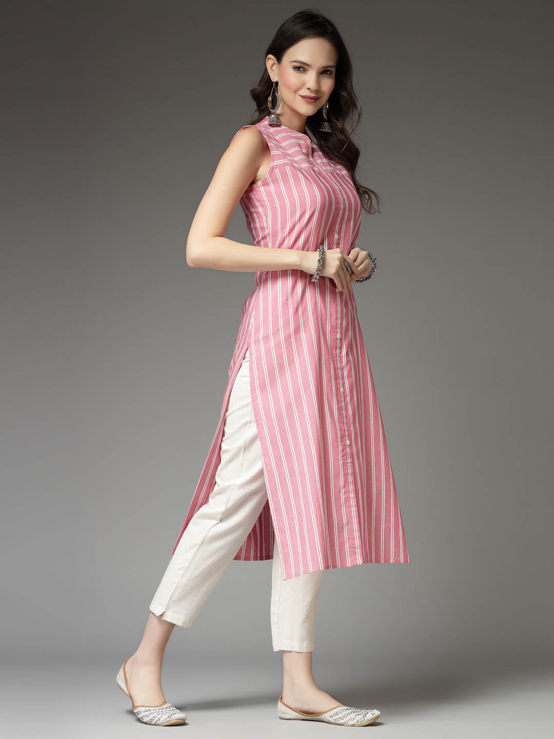 Stylum Women's Woven Striped Cotton Blend Straight Kurta (XSHERRYPINK)