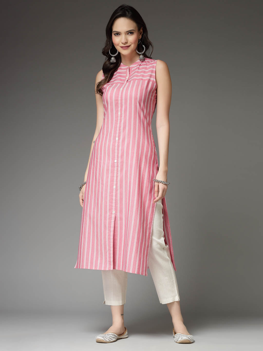 Stylum Women's Woven Striped Cotton Blend Straight Kurta (XSHERRYPINK)