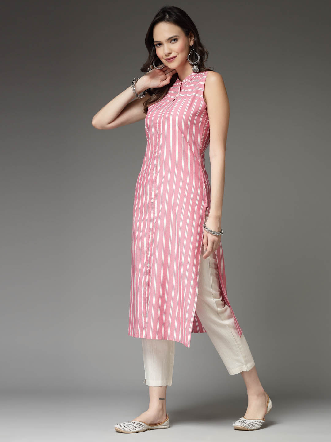 Stylum Women's Woven Striped Cotton Blend Straight Kurta (XSHERRYPINK)