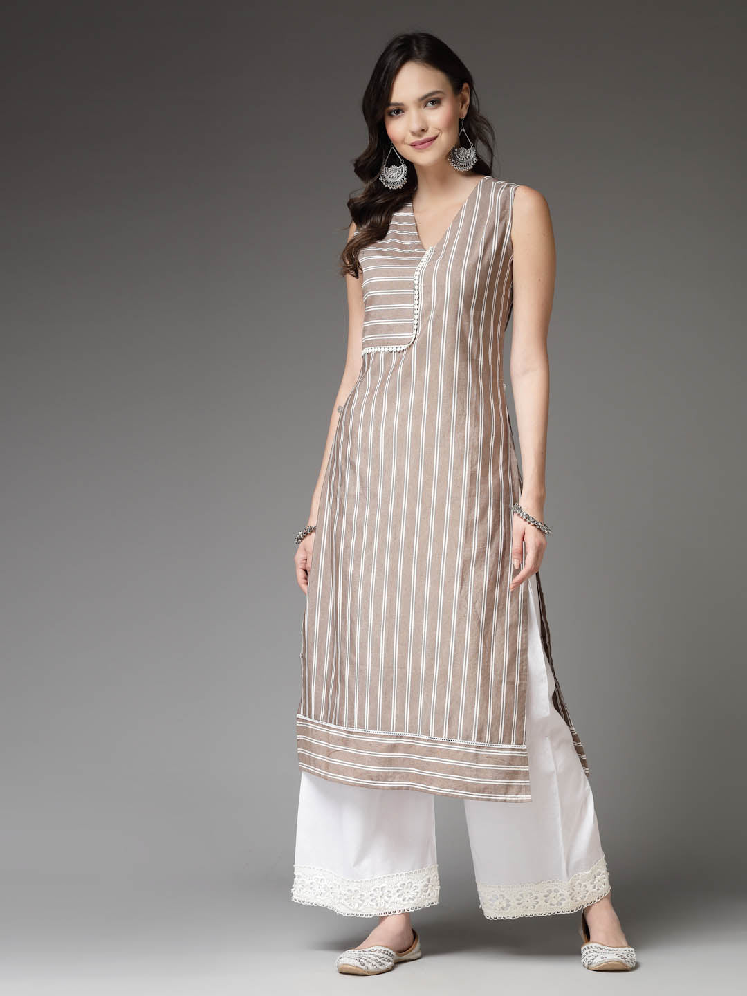 Stylum Women's Woven Striped Cotton Blend Straight Kurta (XTATOOBEIGE)