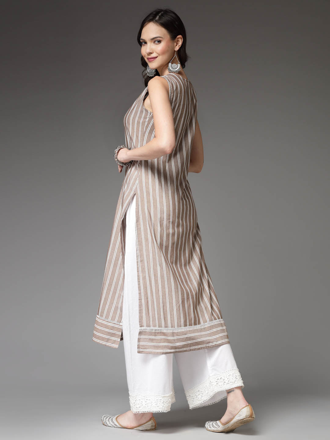 Stylum Women's Woven Striped Cotton Blend Straight Kurta (XTATOOBEIGE)