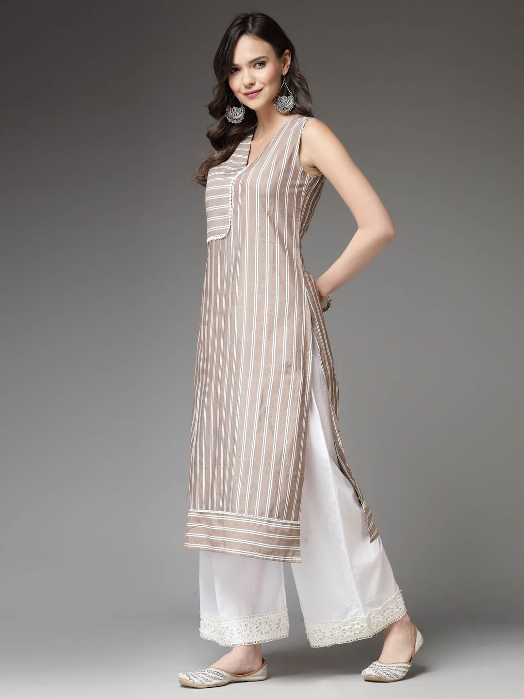 Stylum Women's Woven Striped Cotton Blend Straight Kurta (XTATOOBEIGE)