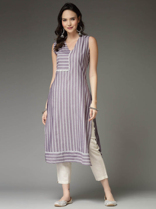 Stylum Women's Woven Striped Cotton Blend Straight Kurta (XTATOOMAUVE)