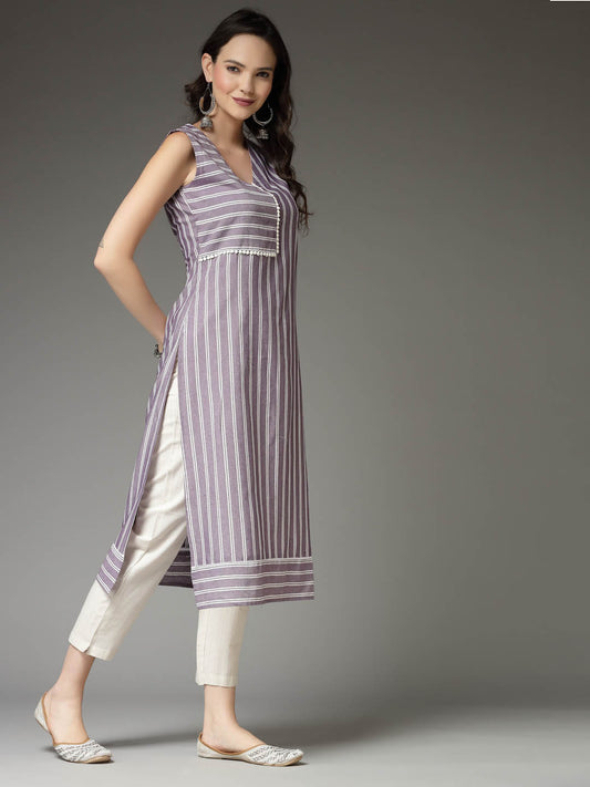 Stylum Women's Woven Striped Cotton Blend Straight Kurta (XTATOOMAUVE)