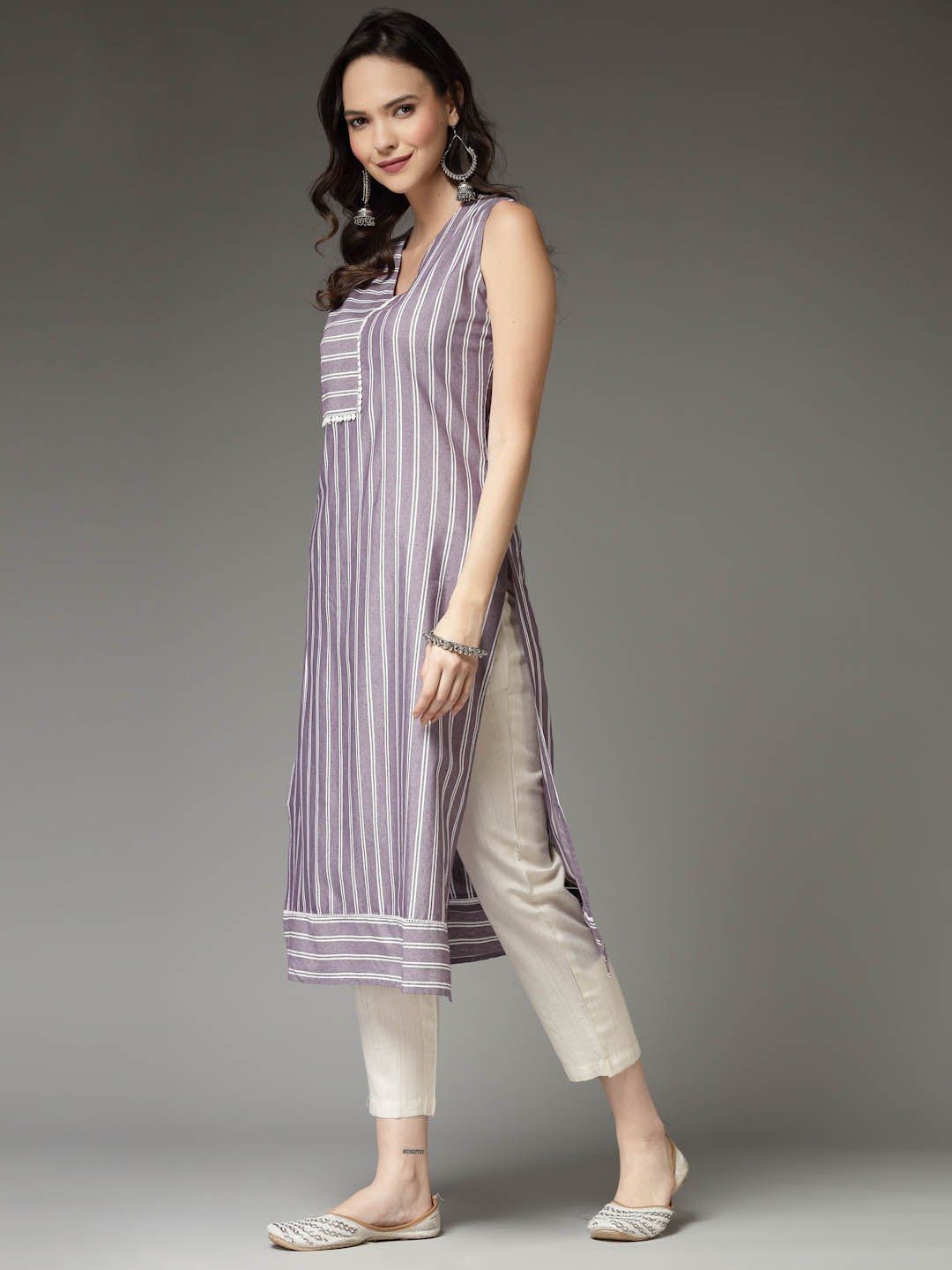 Stylum Women's Woven Striped Cotton Blend Straight Kurta (XTATOOMAUVE)
