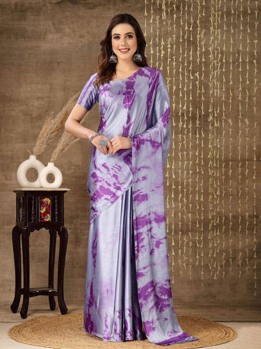 lavender Tie & Dye Print Satin Saree