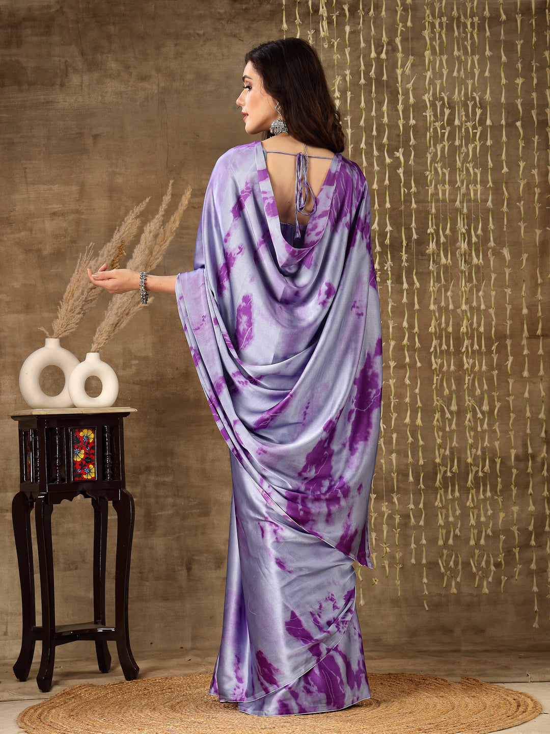 Stylum Women's Tie & Dye Print Satin Saree (lavendershakira)