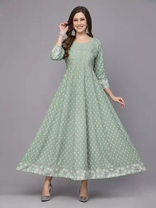 Printed & Embroidered Rayon Anarkali Kurta