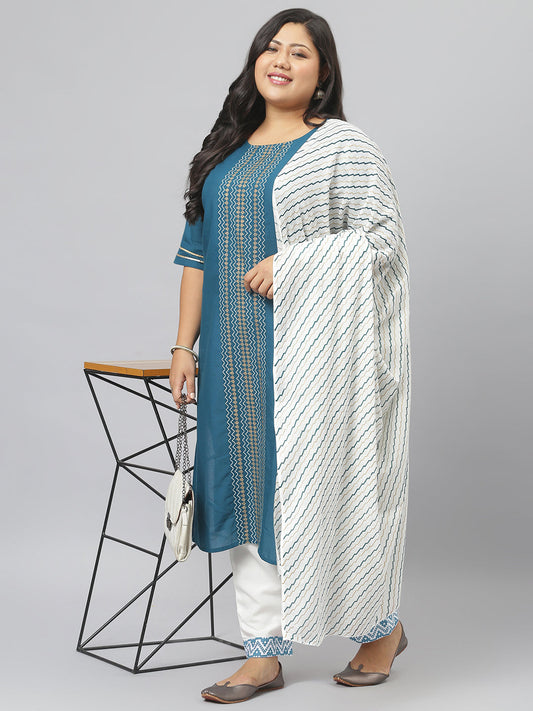 Stylum Women's Printed Cotton Straight Kurta Pant Dupatta Set (01F-TealBlueKPDSet)