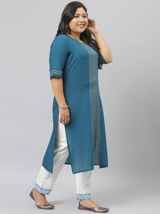 Stylum Women's Printed Cotton Straight Kurta Pant Dupatta Set (01F-TealBlueKPDSet)