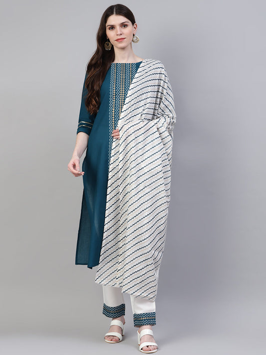 Stylum Women's Printed Cotton Straight Kurta Pant Dupatta Set (01F-Tealbluekpd)
