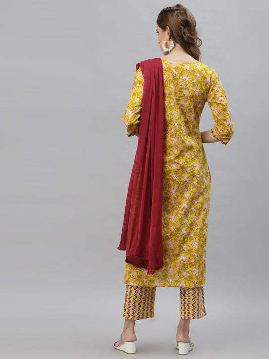 Stylum Women's Floral Printed Cotton Straight Kurta Pant Dupatta Set (ALIZAMUSTARD)