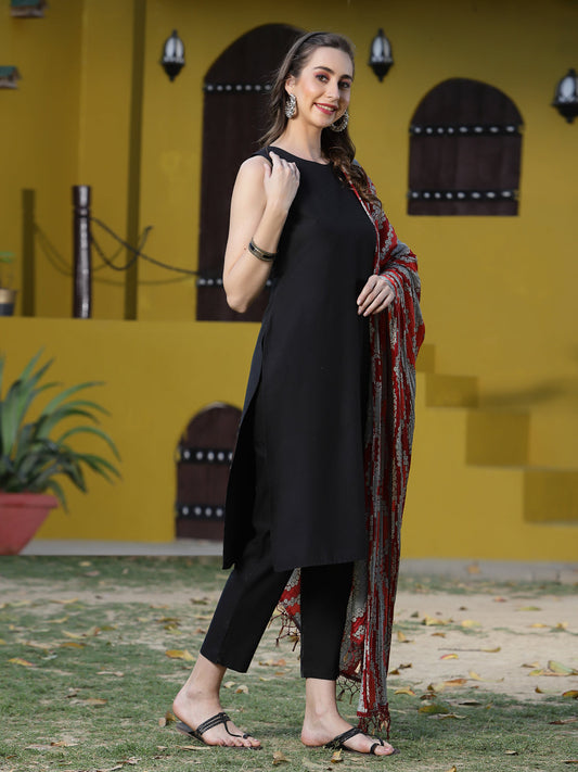 Cotton Blend Straight Kurta Pant Dupatta Set