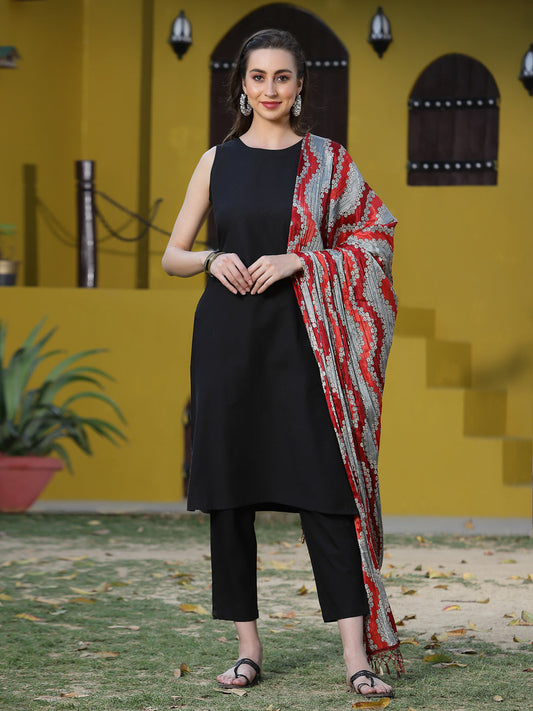 Stylum Women's Solid Cotton Blend Straight Kurta Pant Dupatta Set (BLACKBETTY)
