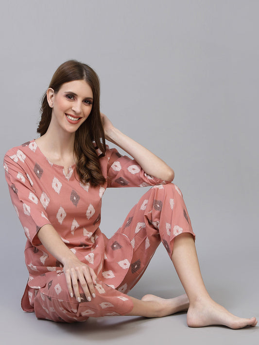 Stylum Women's Ikat Print Rayon Night Suit Set (BLUSHIKAT)