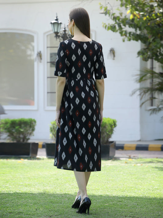 Ikat Print Cotton Midi Flared Dress