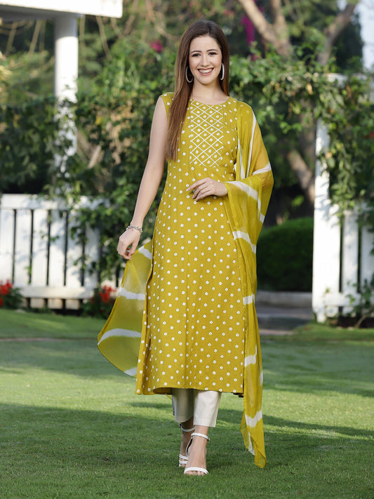 Bandhej Printed A-Line Kurta with Dupatta