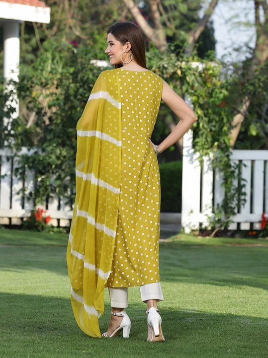 Bandhej Printed A-Line Kurta with Dupatta