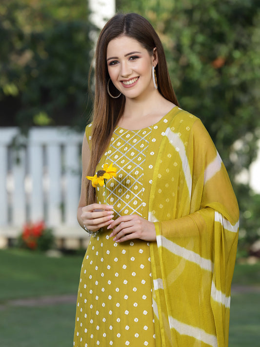 Bandhej Printed A-Line Kurta with Dupatta