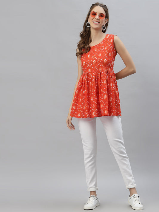 Stylum Women's Bandhej Printed Cotton Top (FANTA)