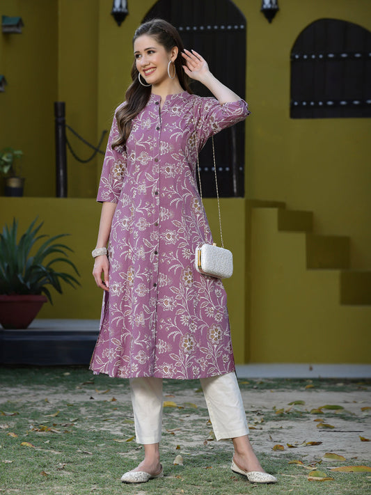 Stylum Women's Floral Print Rayon A-Line Kurta (FIONAMAUVE)