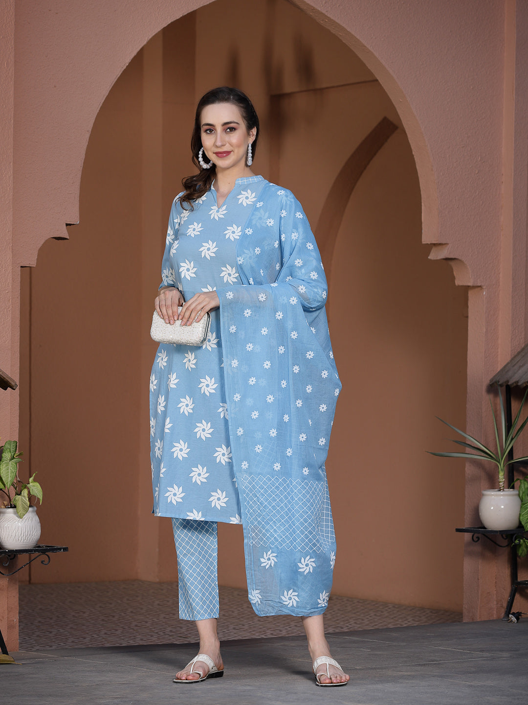 Stylum Women's Printed Cotton Straight Kurta Pant Dupatta Set (Greykhadikpdset)