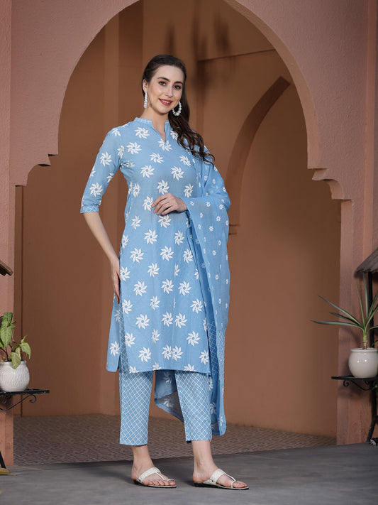 Stylum Women's Printed Cotton Straight Kurta Pant Dupatta Set (Greykhadikpdset)