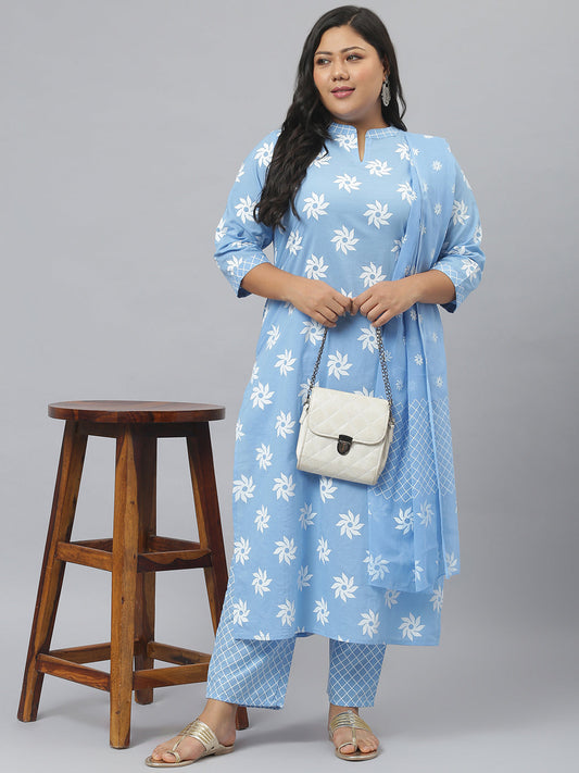 Stylum Women's Printed Cotton Straight Kurta Pant Dupatta Set (GreyKhadiKPD)