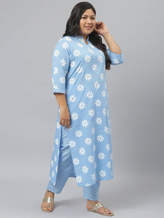 Stylum Women's Printed Cotton Straight Kurta Pant Dupatta Set (GreyKhadiKPD)