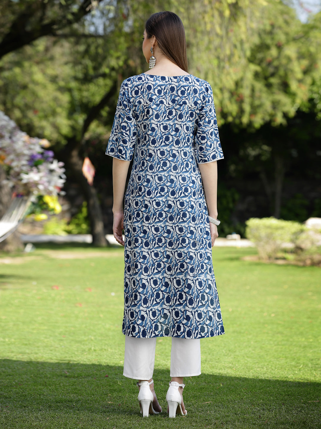 Indigo Printed Cotton Slub Straight Kurta