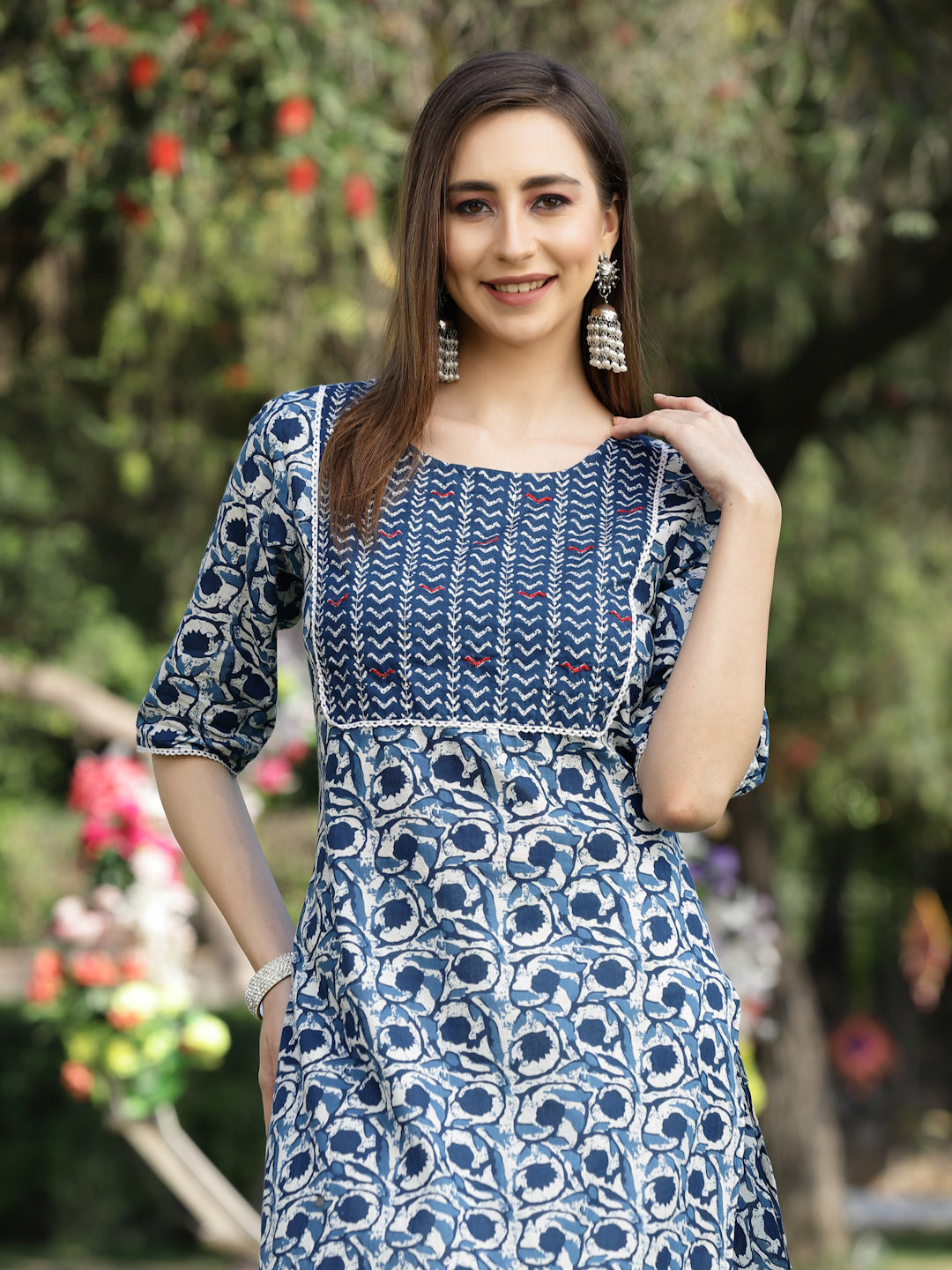 Indigo Printed Cotton Slub Straight Kurta