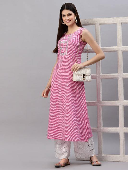 Stylum Women's Lehariya Printed Rayon A-Line Kurta (KANALPINK)