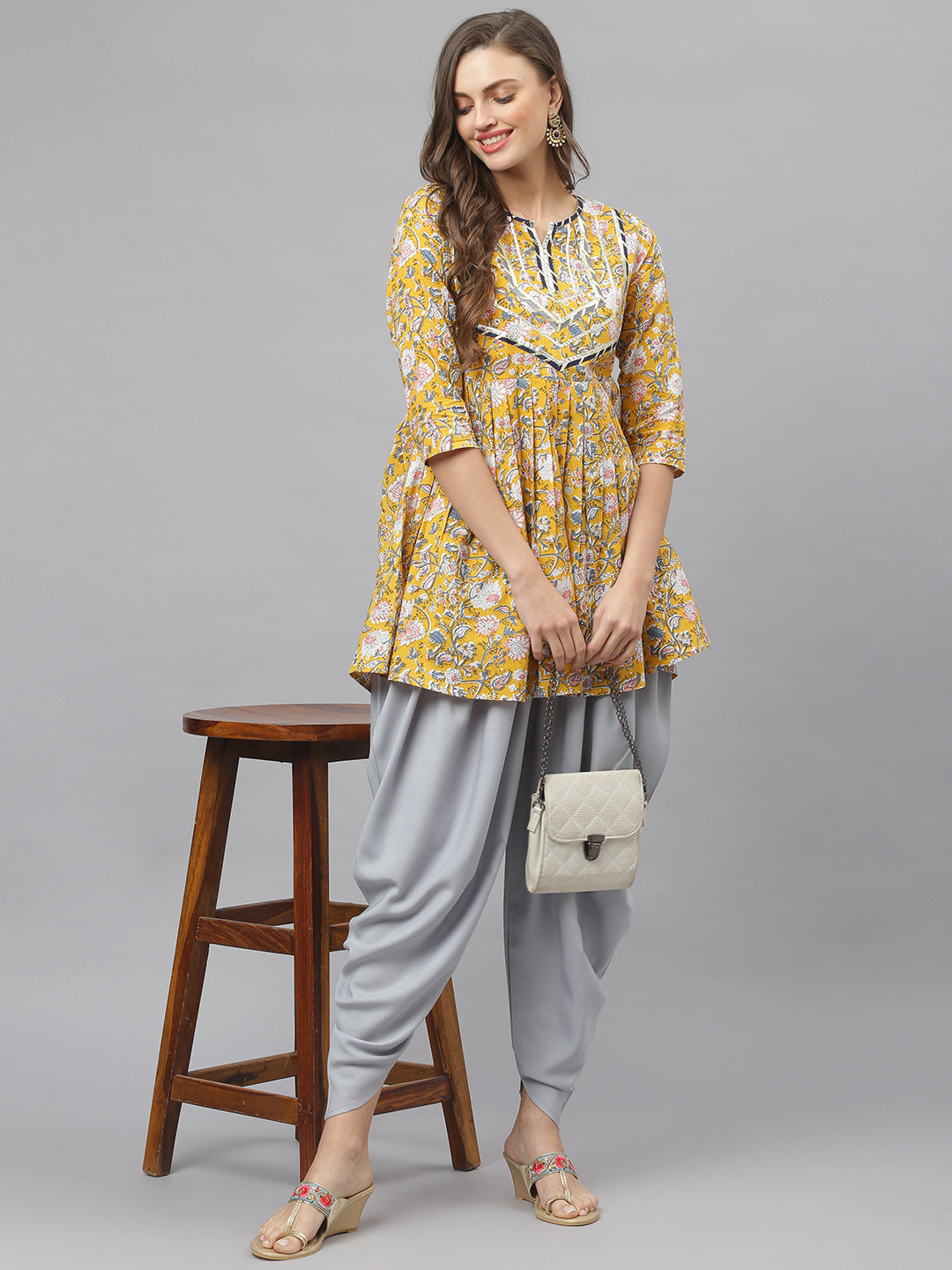 Cotton Pleated Kurta Dhoti Pant Set