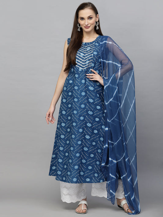 Stylum Women's Bandhej Printed Cotton Flared Kurta Dupatta Set (KDSANVI)