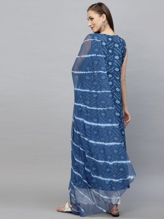 Stylum Women's Bandhej Printed Cotton Flared Kurta Dupatta Set (KDSANVI)