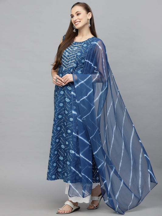 Stylum Women's Bandhej Printed Cotton Flared Kurta Dupatta Set (KDSANVI)