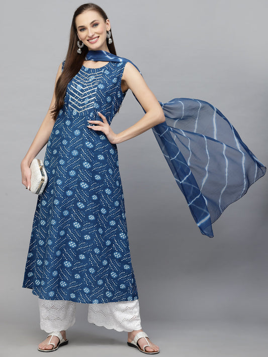 Stylum Women's Bandhej Printed Cotton Flared Kurta Dupatta Set (KDSANVI)