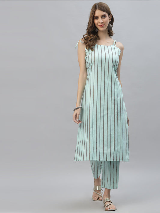 Stylum Women's Striped Cotton Blend Straight Kurta Pant Set (KELLYTURQ)
