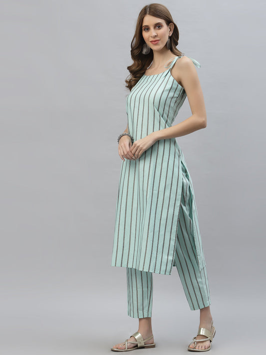 Light Blue Cotton Blend Straight Kurta Pant Set