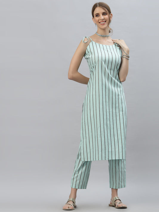 Light Blue Cotton Blend Straight Kurta Pant Set