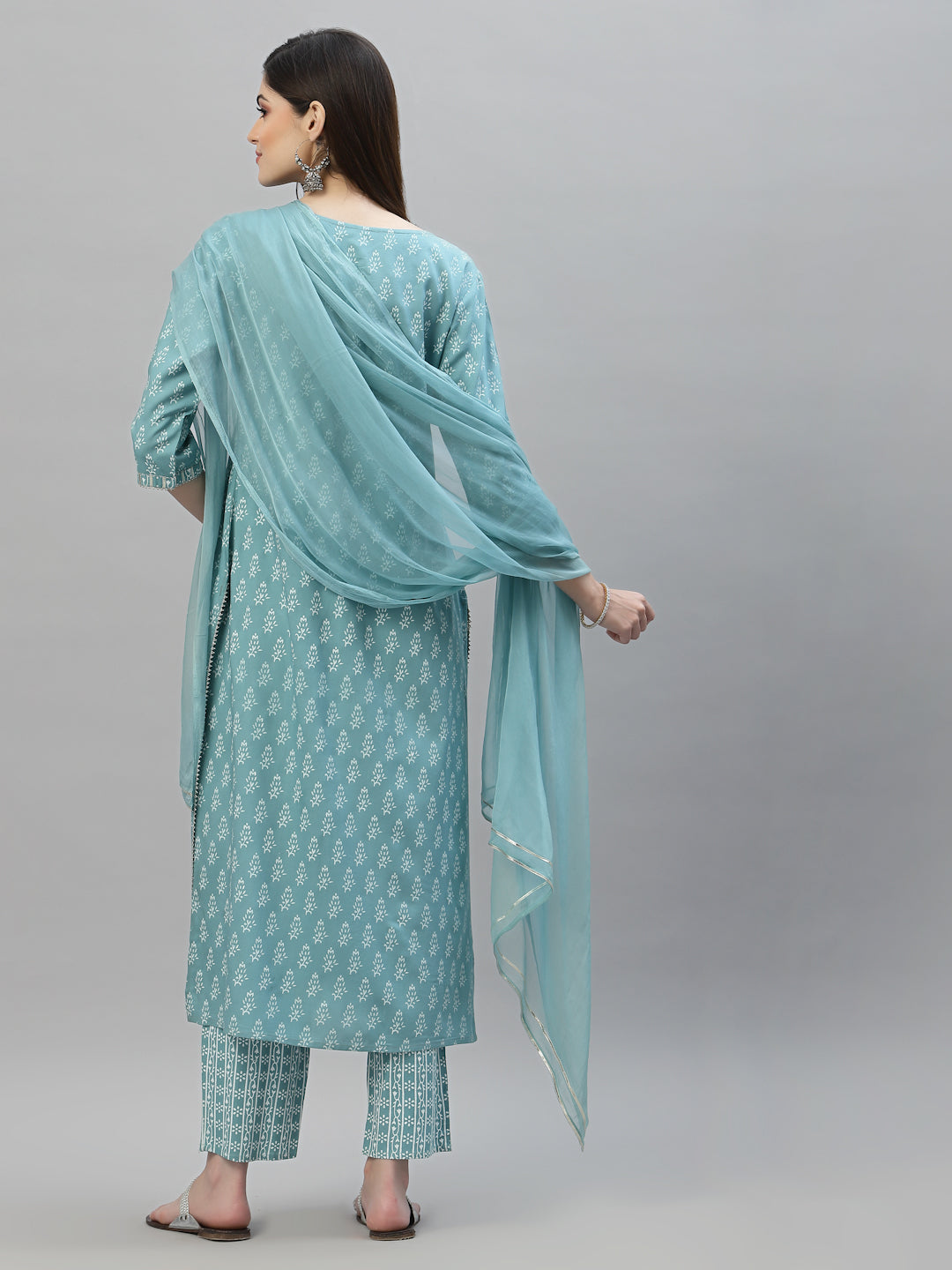 Stylum Women's Floral Printed Rayon Kurta Pant Dupatta Set (KPDAQUASEAL)