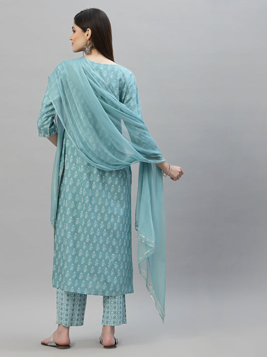 Stylum Women's Floral Printed Rayon Kurta Pant Dupatta Set (KPDAQUASEAL)