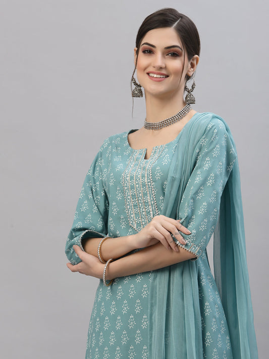 Floral Printed Rayon Kurta Pant Dupatta Set