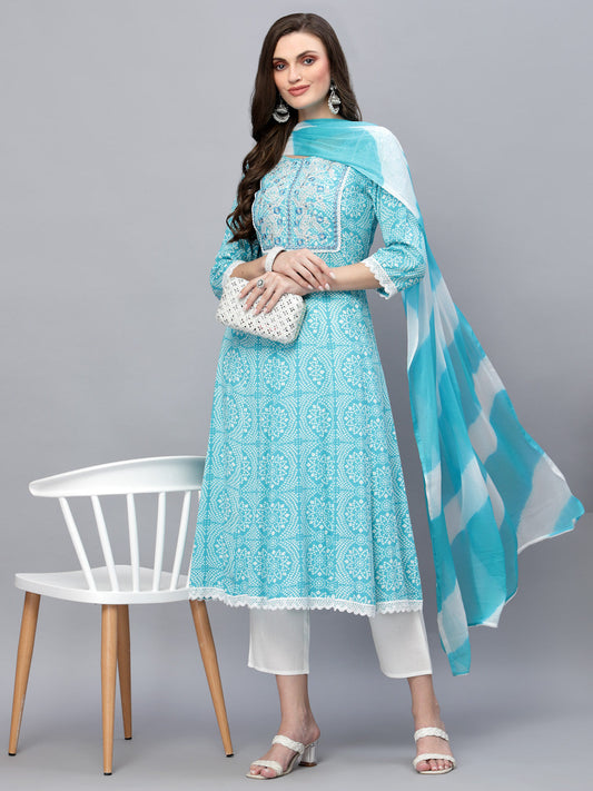 Stylum Women's Bandhej Printed & Embroidered Anarkali Kurta Pant Dupatta Set (KPDCLOUDY)