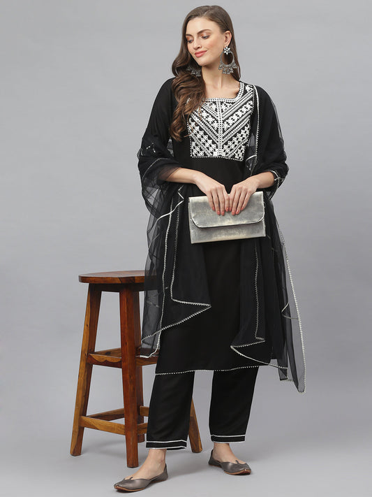 Black Rayon Straight Kurta Pant Dupatta Set