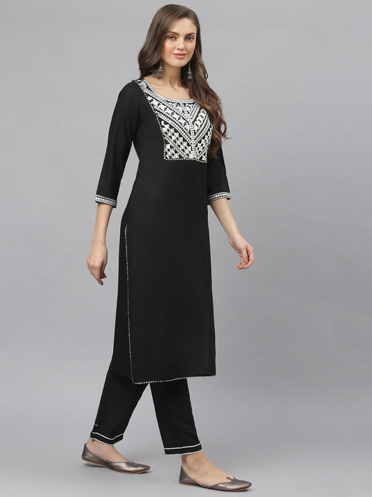 Stylum Women's Embroidered Rayon Straight Kurta Pant Dupatta Set (KPDITALYBLACK)