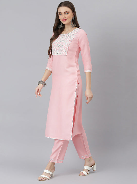 Stylum Women's Embroidered Rayon Straight Kurta Pant Dupatta Set (KPDITALYLPINK)