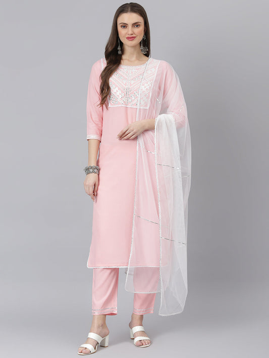 Pink Rayon Straight Kurta Pant Dupatta Set