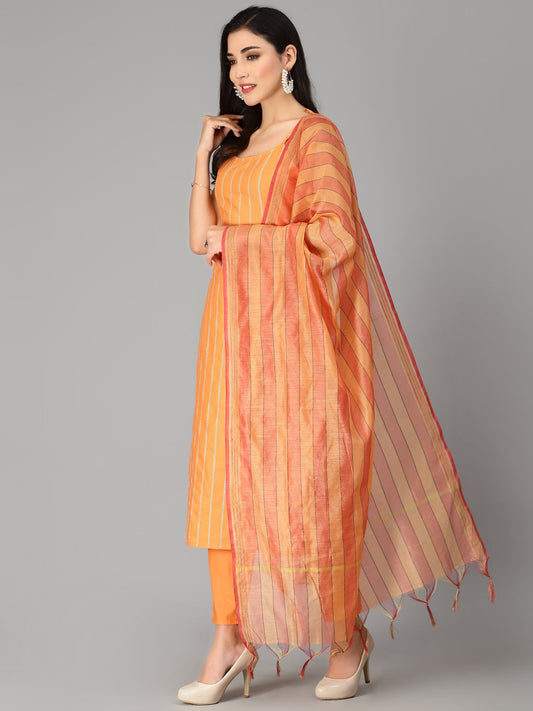 Stylum Women's Striped Cotton Blend Straight Kurta Pant Dupatta Set (KPDKNOT)